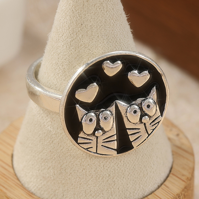 Cute Retro Cat Heart Rings, Simple Accessories for Ladies